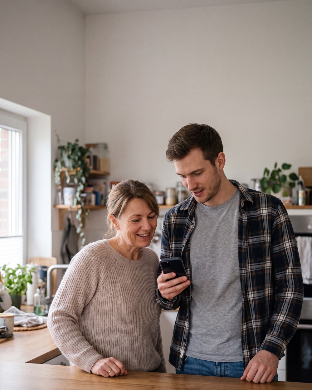 Anzeigenmotiv für Eltern: Mutter und erwachsener Sohn schauen gemeinsam auf ein Smartphone