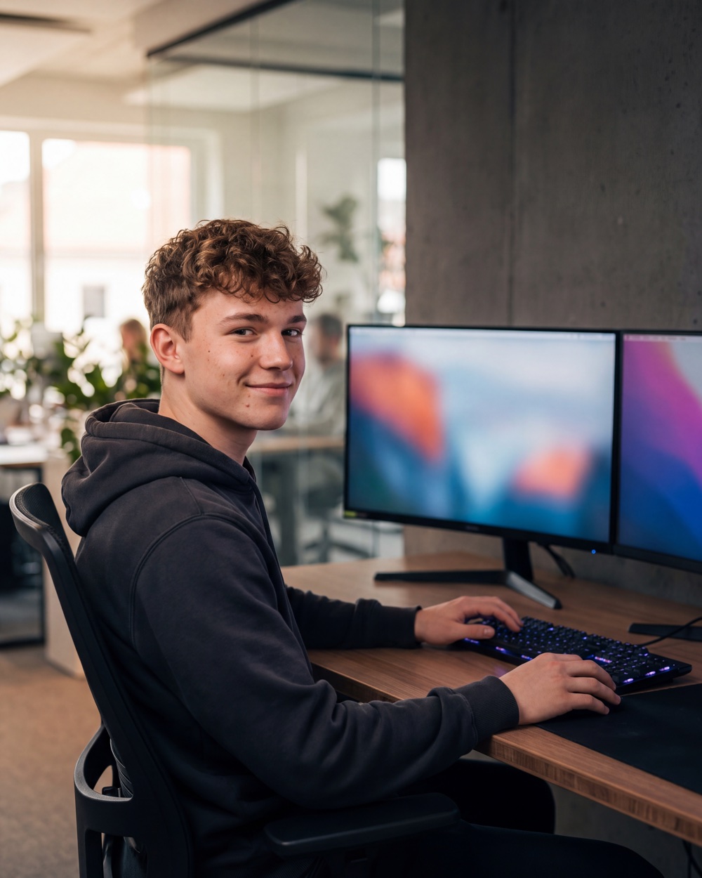 Anzeigenmotiv für IT-Ausbildung: junger Auszubildender an zwei Bildschirmen