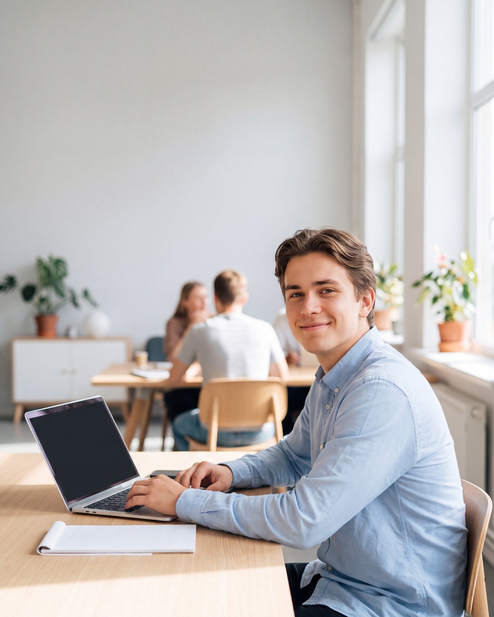 Junger Auszubildender am Schreibtisch in einem modernen Büro – Motiv einer Instagram-Feed-Anzeige für kaufmännische Ausbildung